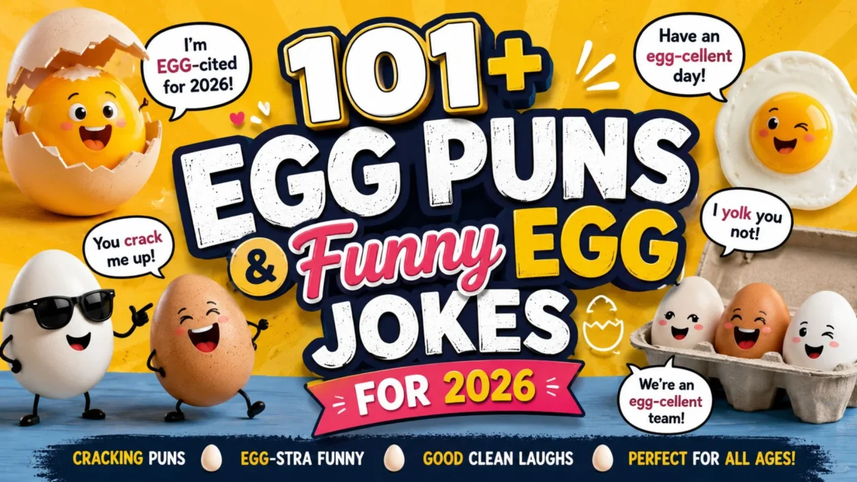 Egg puns 2026 banner featuring 101+ funny egg jokes and playful humor collection for readers