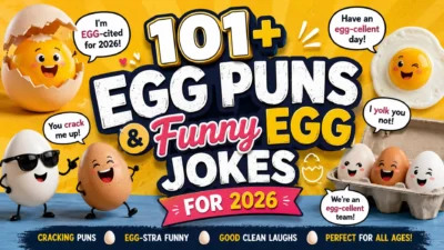 Egg puns 2026 banner featuring 101+ funny egg jokes and playful humor collection for readers