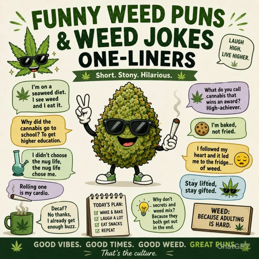 Funny weed puns infographic with cannabis jokes, one-liners, green typography, and playful 2026 humor themes