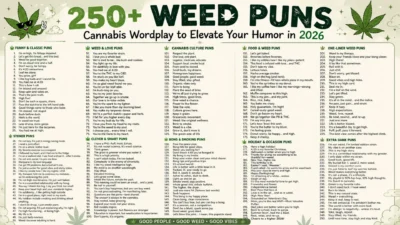 250+ weed puns infographic poster with funny cannabis jokes, green typography, and trending 2026 humor themes