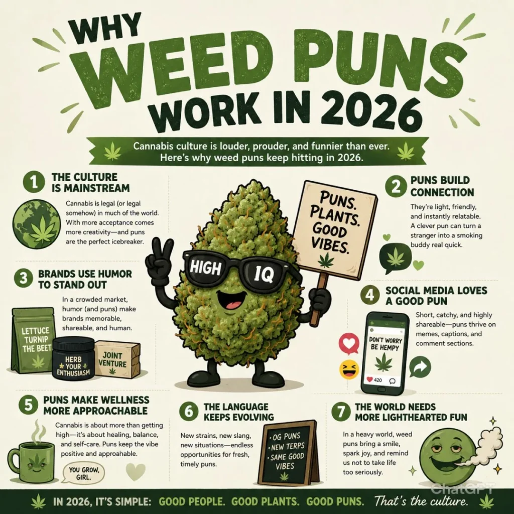 Cannabis culture infographic with weed puns, green visuals, funny categories, and trending 2026 marijuana humor