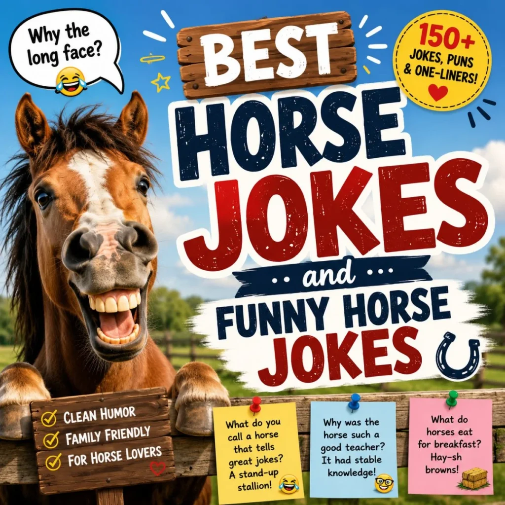 Best horse jokes and funny horse jokes image featuring a smiling horse with family-friendly puns and one-liners.
