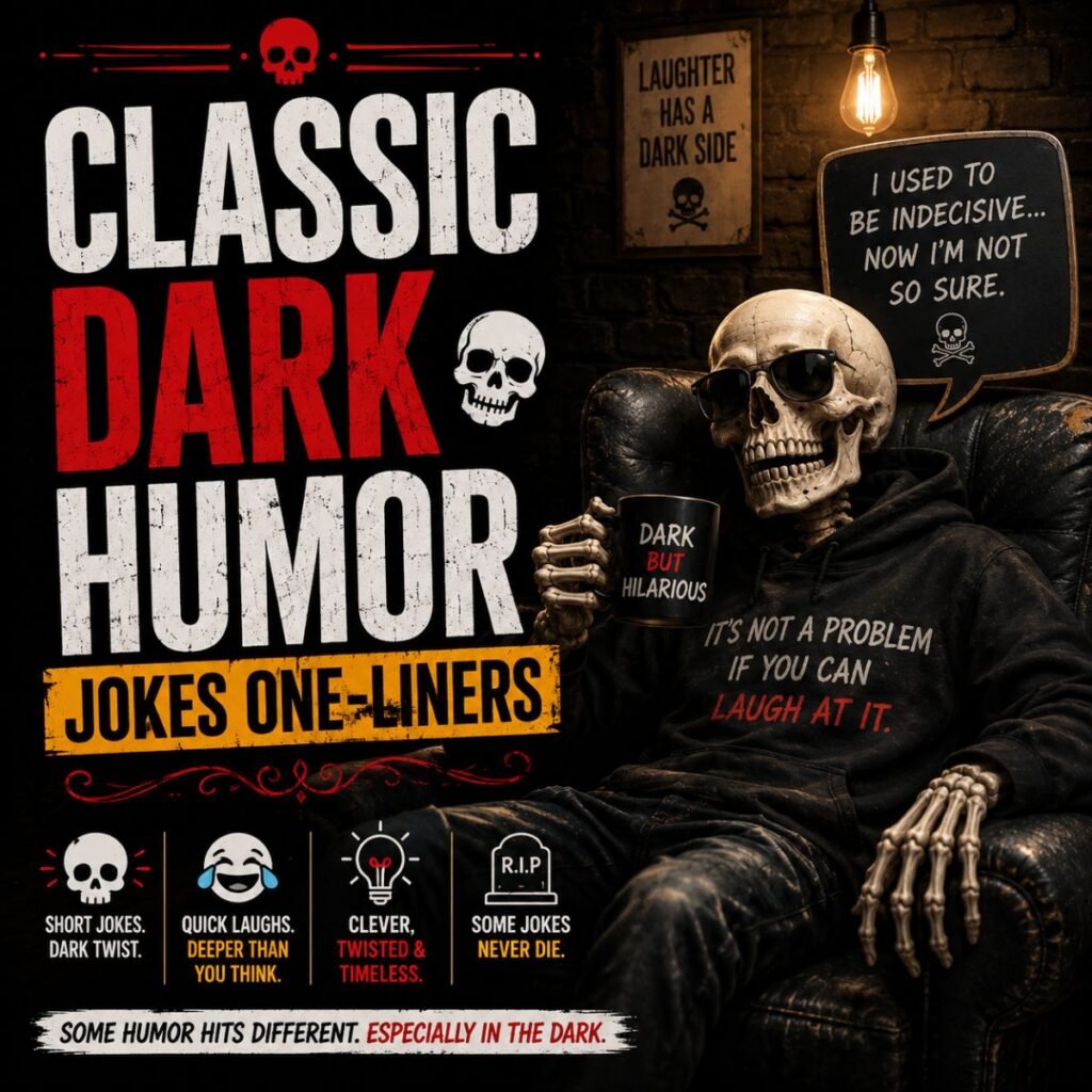 Classic Dark Humor Jokes One-Liners image featuring a skeleton with coffee, bold typography, and spooky comedy theme