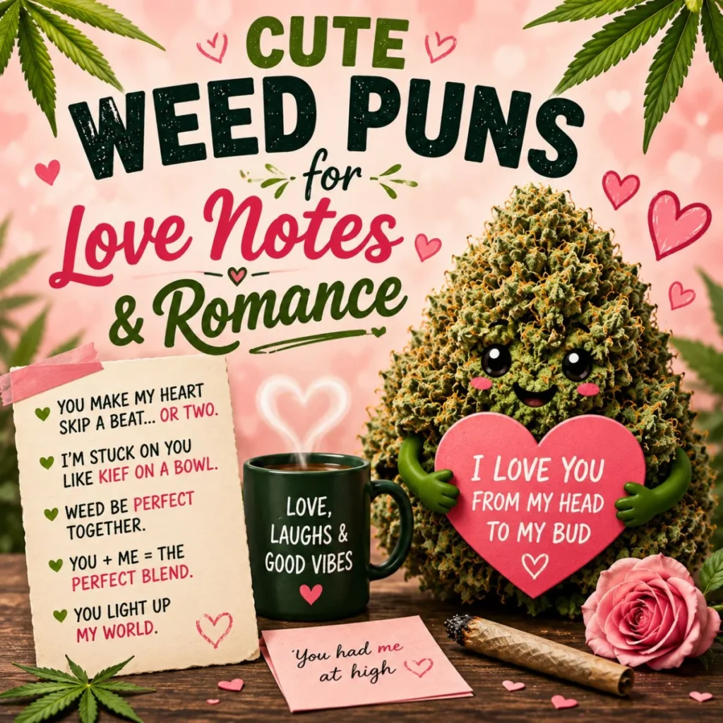 Cute Weed Puns for Love Notes & Romance image with a smiling cannabis bud, hearts, roses, and romantic cannabis jokes