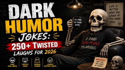Dark Humor Jokes 2026 featured image with a skeleton holding a mug and bold twisted comedy text on a dark background