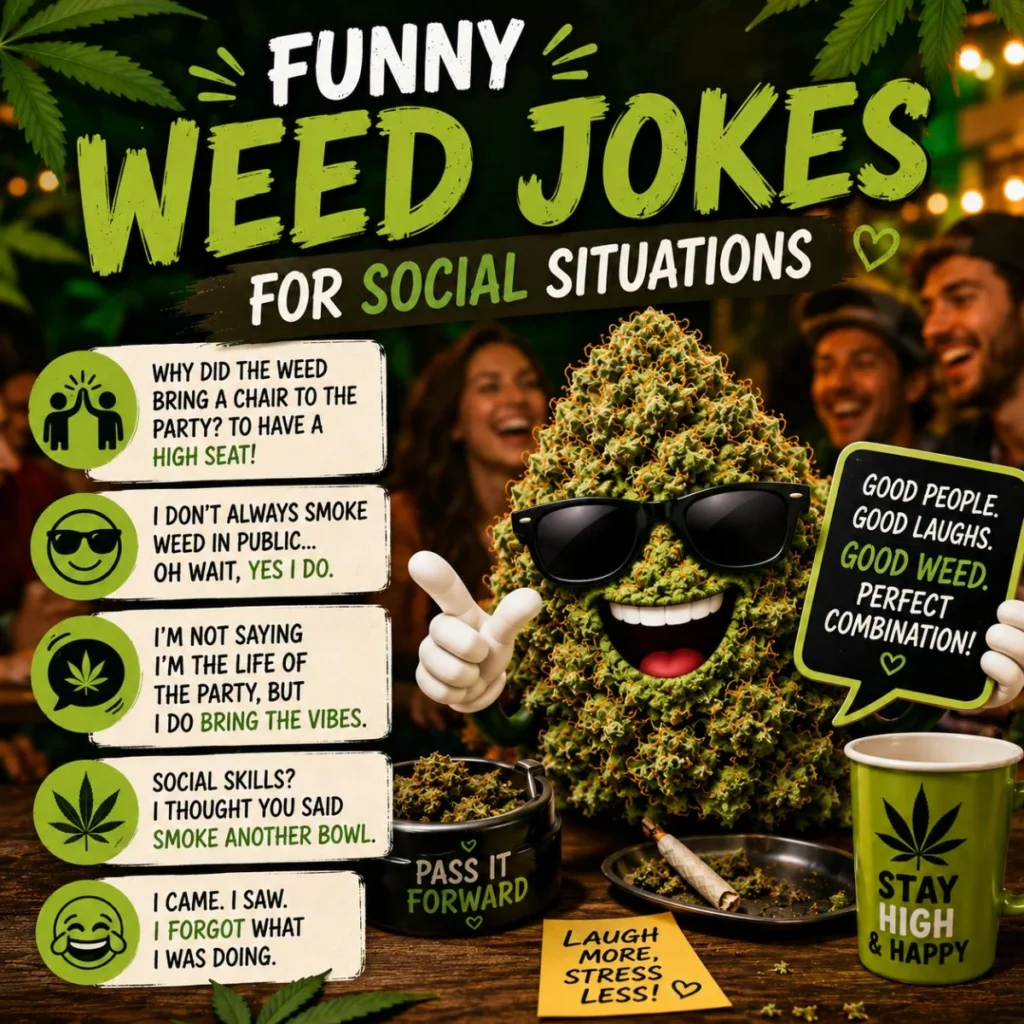 Funny Weed Jokes for Social Situations image with a smiling cannabis bud, party scene, and humorous cannabis-themed jokes