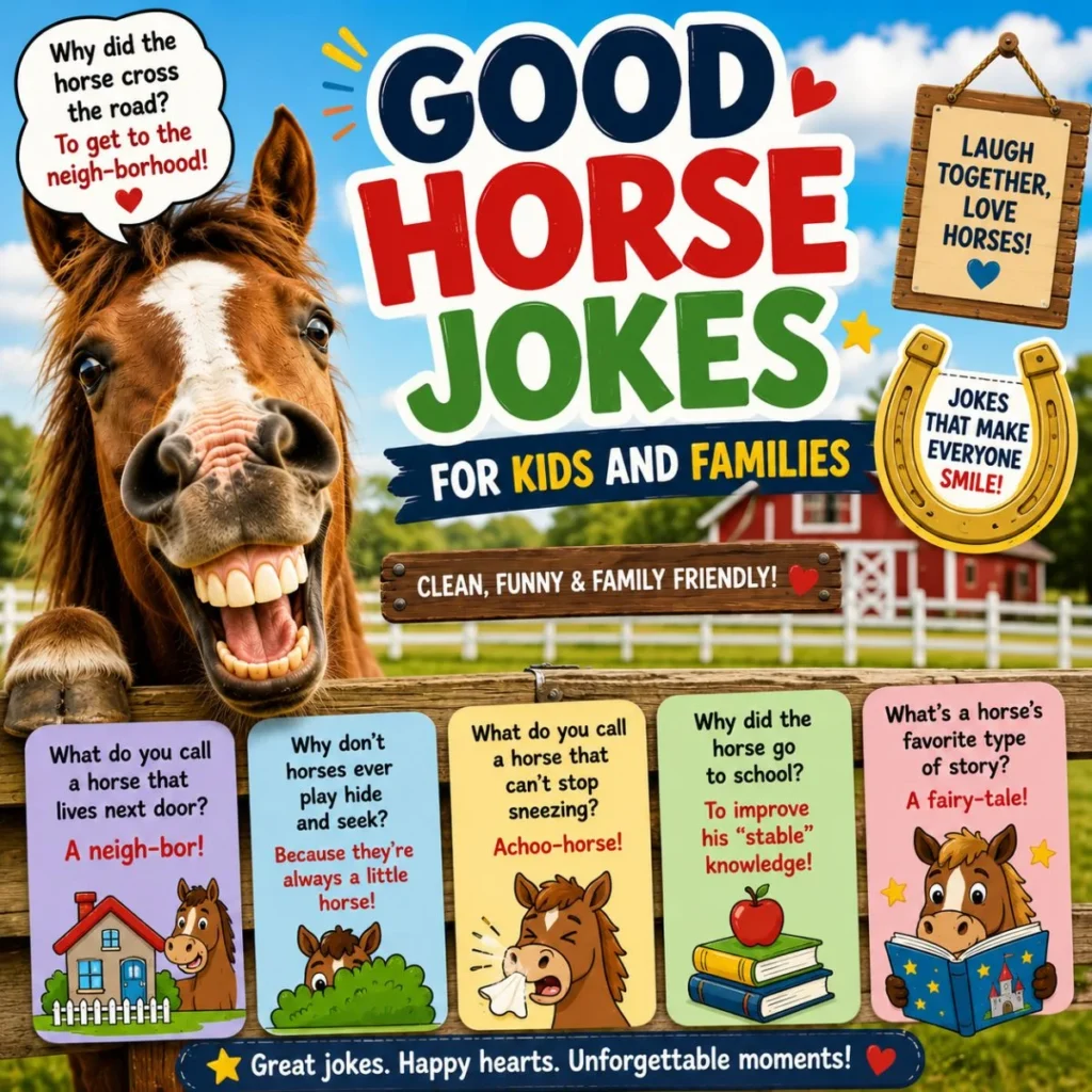 Good horse jokes for kids and families image with a smiling horse and fun family-friendly horse jokes.