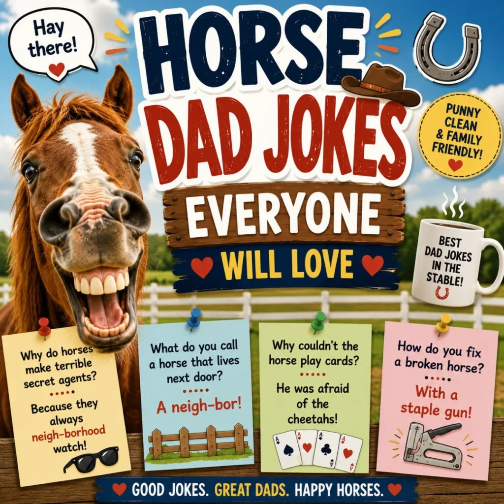 Horse dad jokes image with a smiling horse, funny family-friendly horse jokes, and clean equestrian humor.