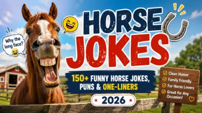 Funny horse jokes featured image with a smiling horse, horse puns, and one-liners for horse lovers in 2026.