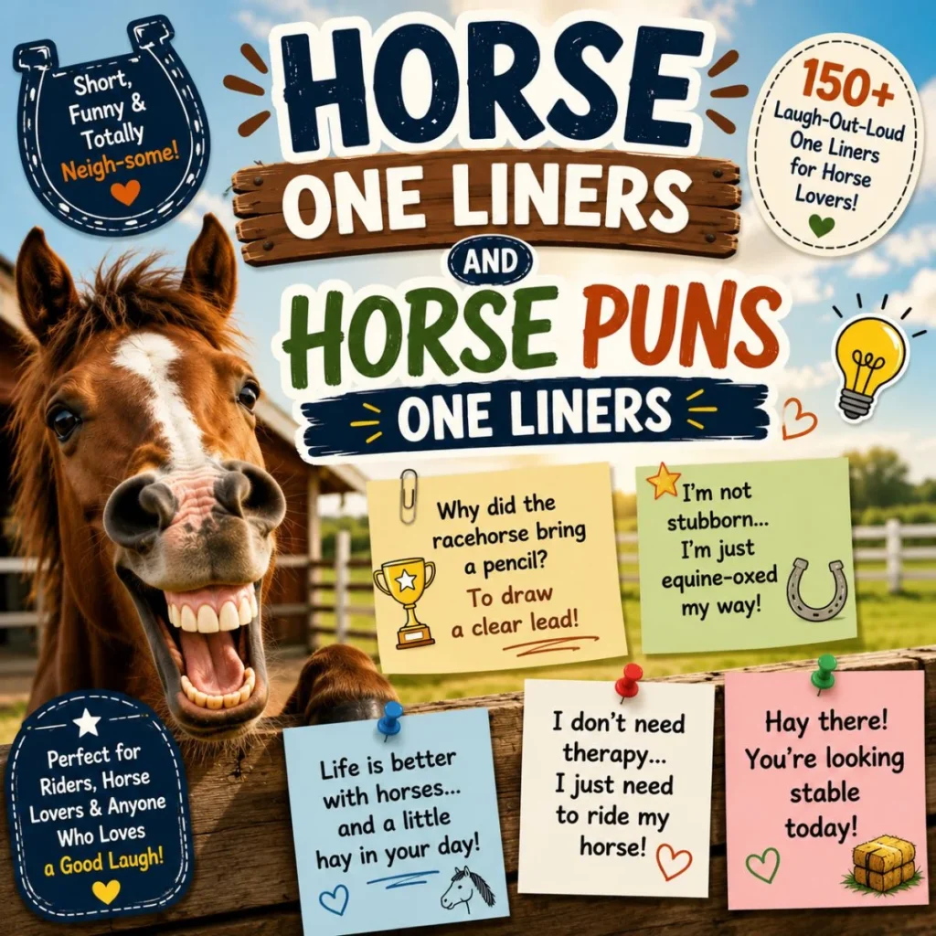 Horse one liners and horse puns one liners image with a smiling horse and funny equestrian jokes.
