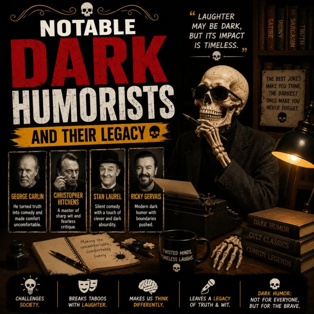 Notable dark humorists and their legacy illustration with a skeleton writer, vintage books, and famous comedy icons