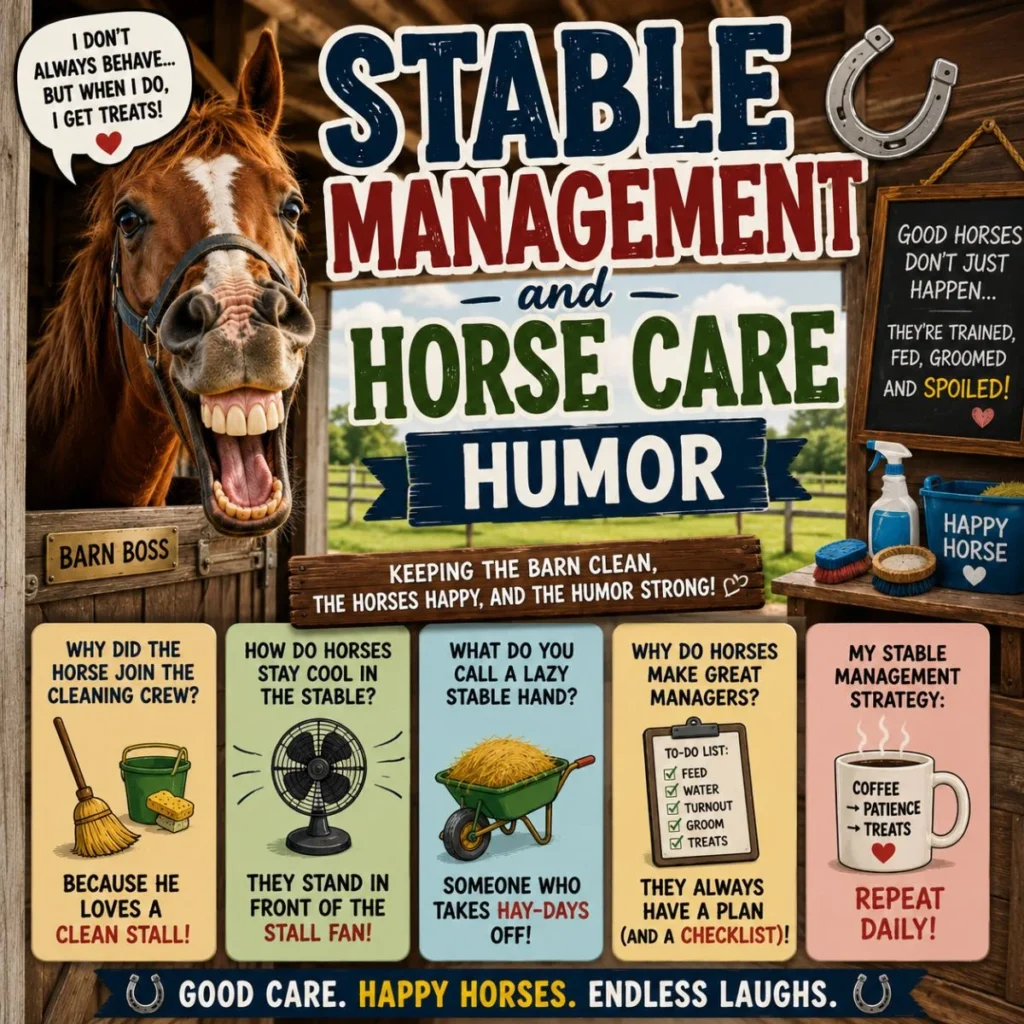 Stable management and horse care humor image with a smiling horse, funny stable jokes, and family-friendly equestrian humor.