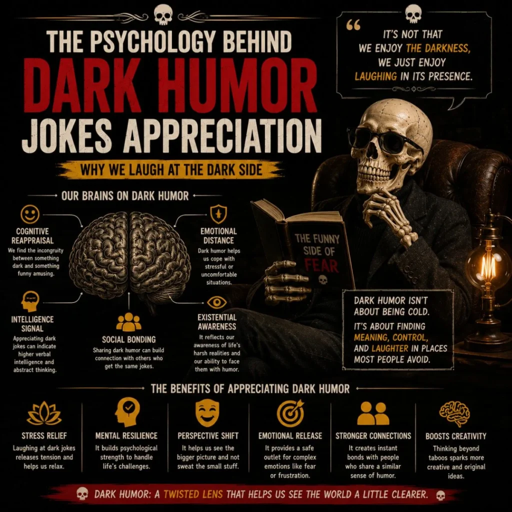 The Psychology Behind Dark Humor Jokes Appreciation infographic with a skeleton, brain illustration, and dark comedy insights