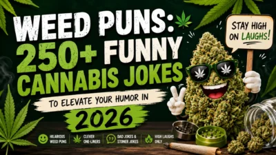 Weed Puns 2026 featured image with a smiling cannabis bud, bold typography, and funny cannabis jokes theme
