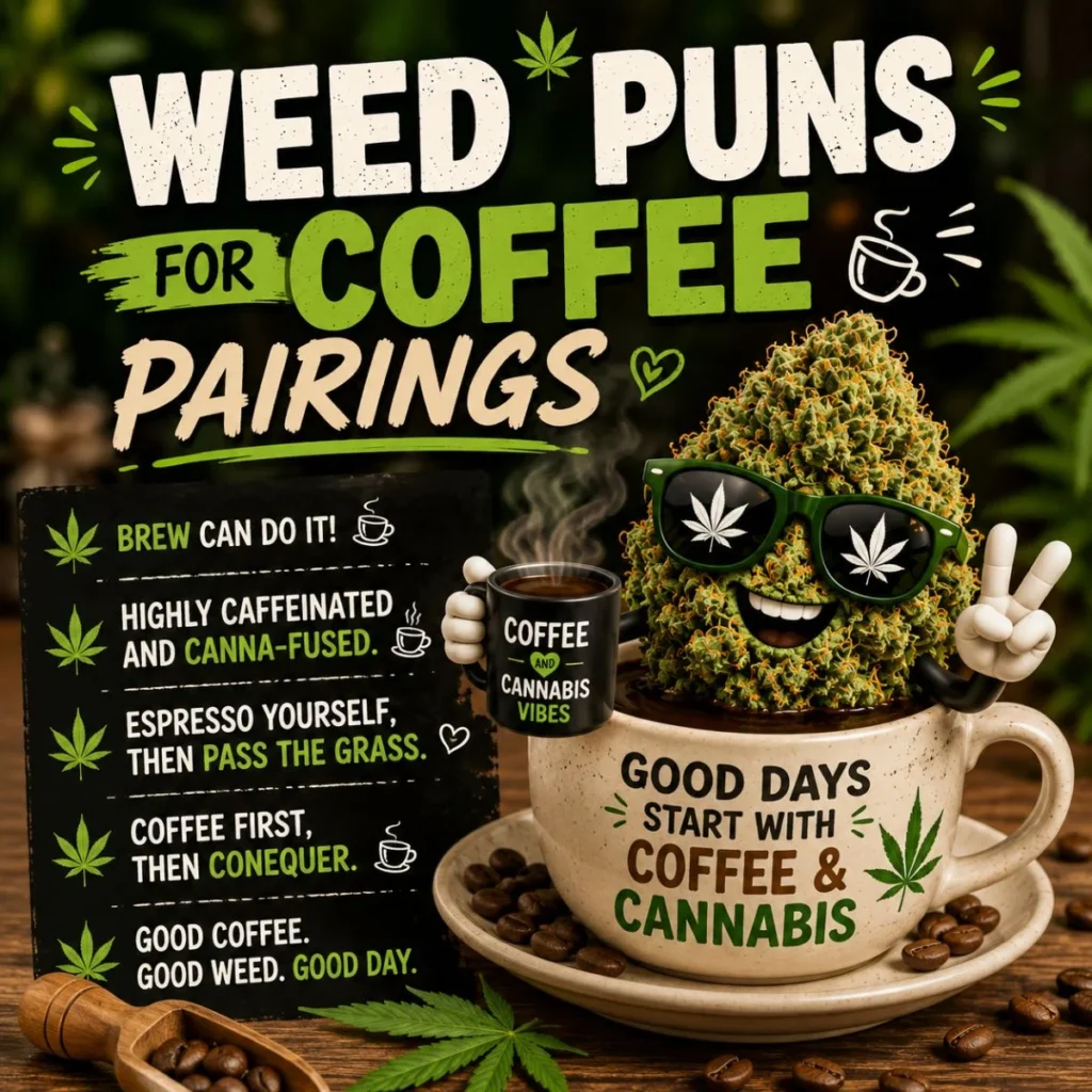 Weed Puns for Coffee Pairings image featuring a smiling cannabis bud in a coffee cup with funny cannabis coffee jokes