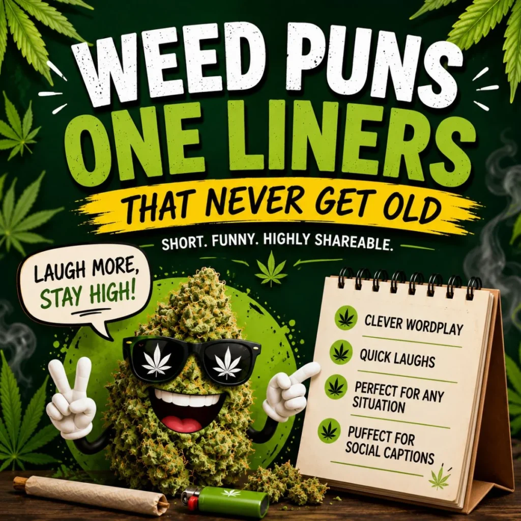 Weed Puns One Liners image with a smiling cannabis bud, bold typography, and funny one-liner cannabis jokes