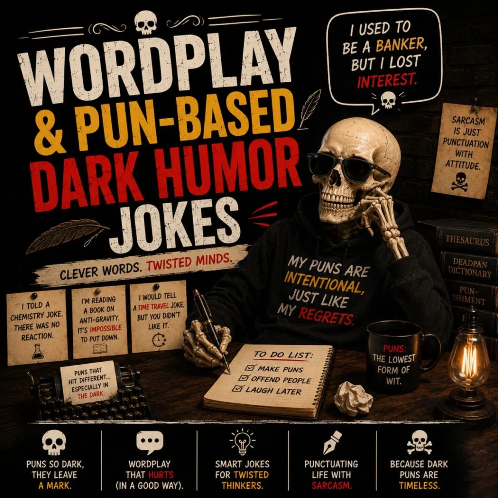 Wordplay & Pun-Based Dark Humor Jokes image with a skeleton writing puns, vintage desk, and bold comedy typography