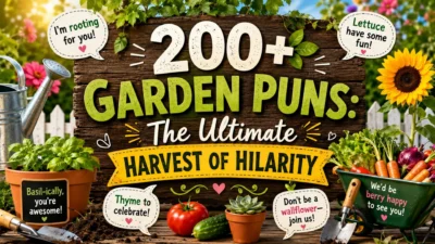 Colorful garden puns illustration with flowers, vegetables, tools, and funny gardening quotes on a wooden sign