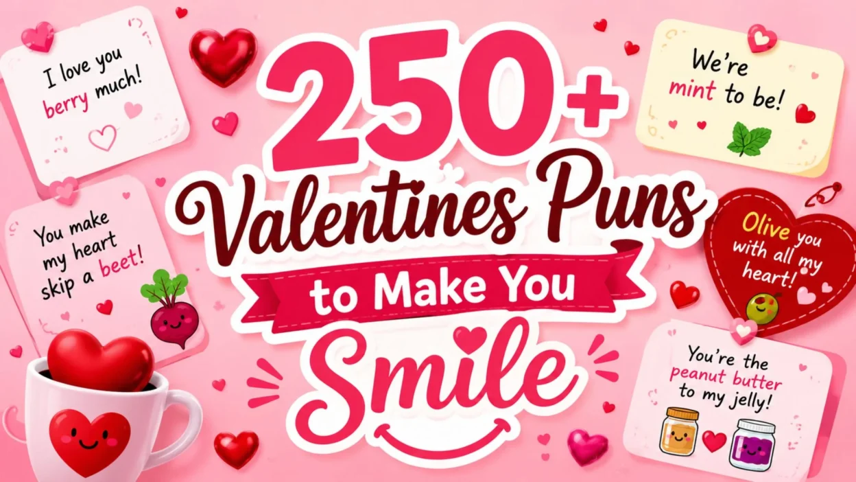 250+ Valentine's puns with cute hearts, love notes, and funny romantic illustrations on a pink Valentine's Day background