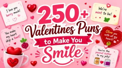 250+ Valentine's puns with cute hearts, love notes, and funny romantic illustrations on a pink Valentine's Day background