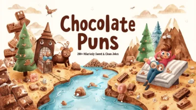Funny chocolate puns illustration with cute chocolates, candy bars, and sweet joke text for a humor blog banner