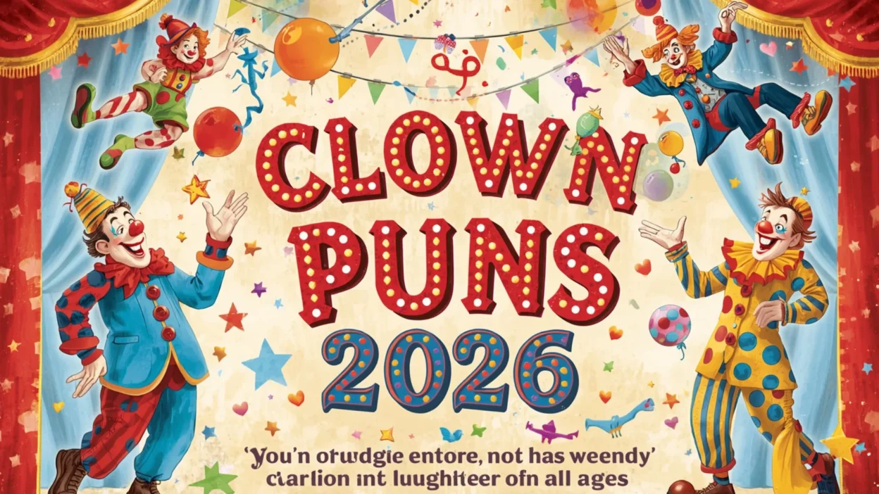 Funny clown with colorful makeup and circus props for clean clown puns and circus jokes 2026