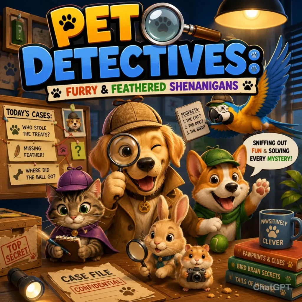 Cute pet detective cartoon poster with dogs, cats, birds, and funny mystery-solving animal characters
