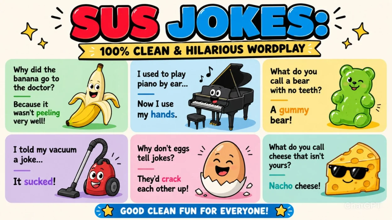 Sus Jokes cartoon poster with clean funny wordplay, colorful characters, and kid-friendly humor collection