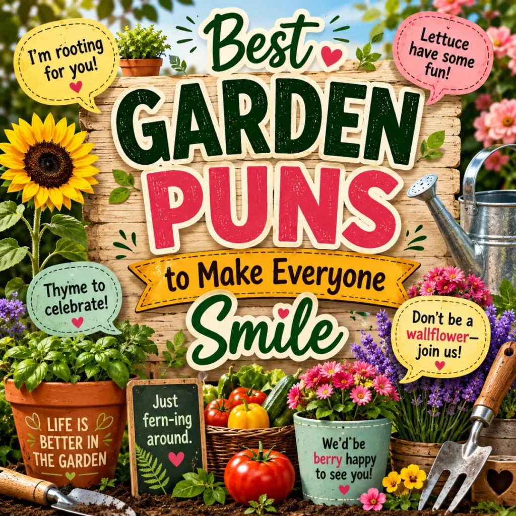 Best garden puns illustration with colorful flowers, vegetables, gardening tools, and funny plant-themed quotes