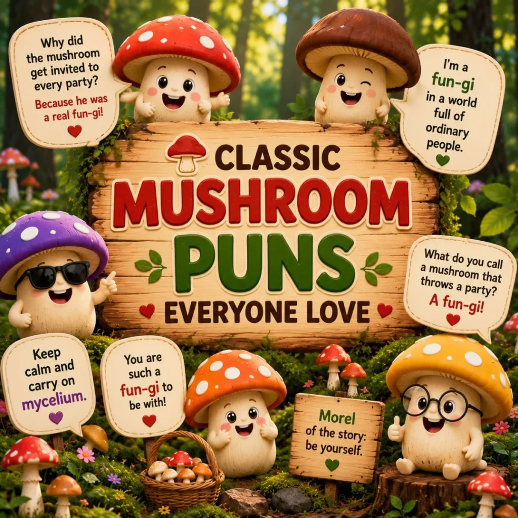 Cute cartoon mushrooms sharing classic mushroom puns and funny jokes on colorful signs in a cheerful forest scene.