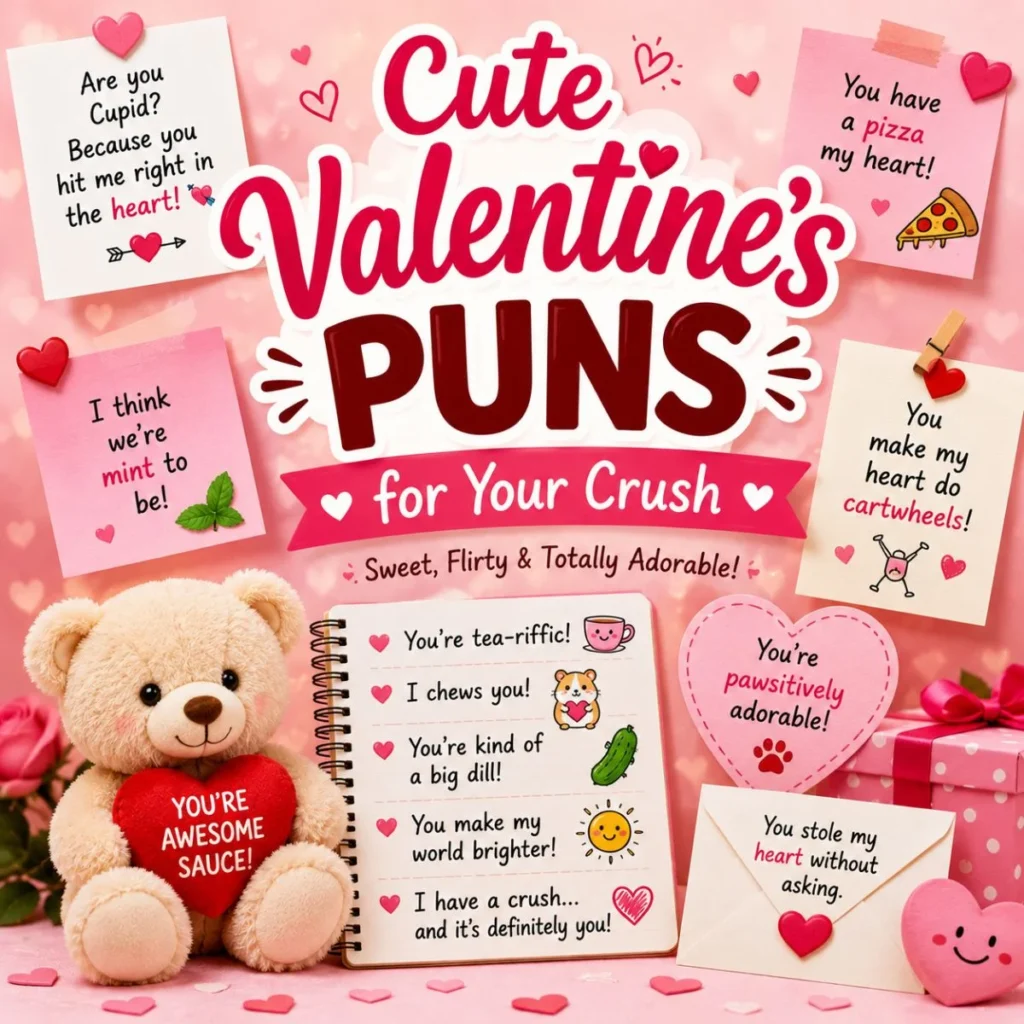 Cute Valentine's puns for your crush with heart notes, teddy bear, gifts, and flirty love-themed illustrations