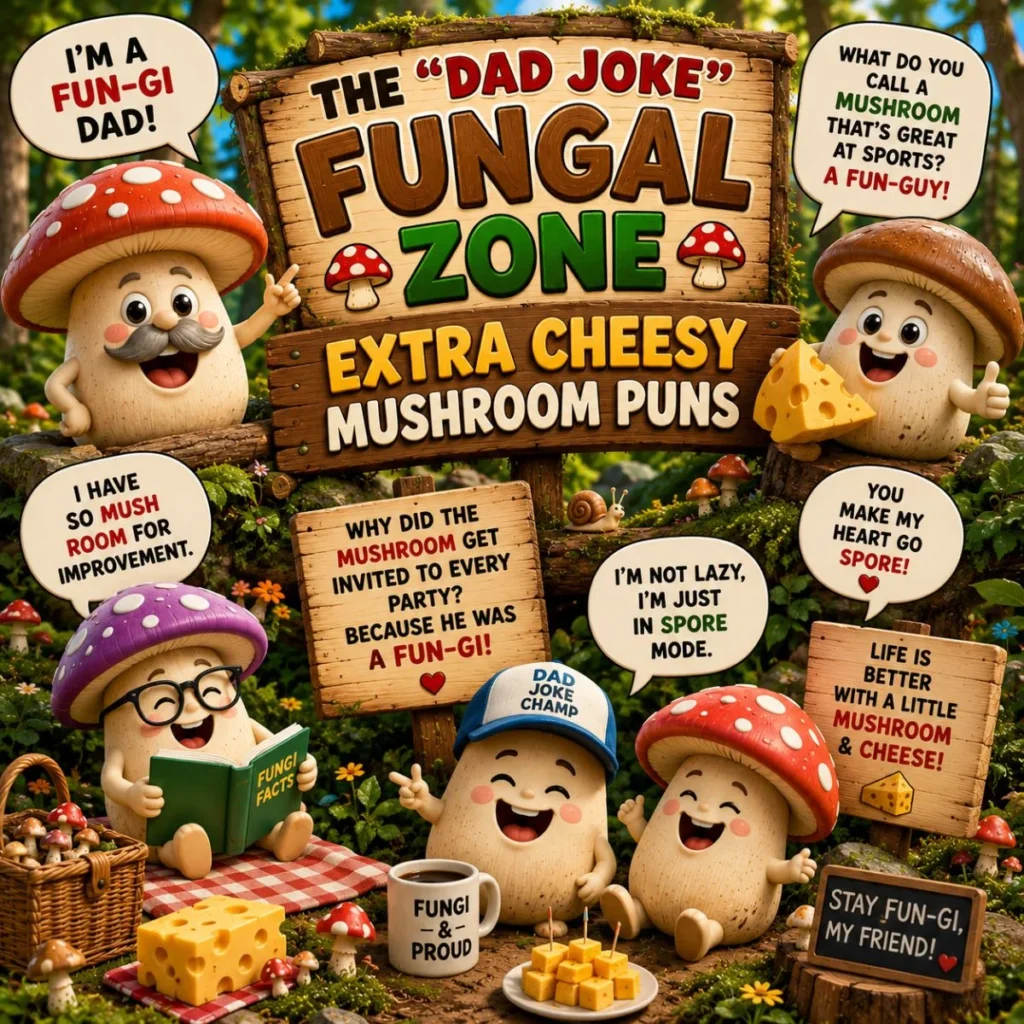 Cute cartoon mushrooms sharing extra cheesy mushroom dad jokes and funny puns in a colorful woodland setting.