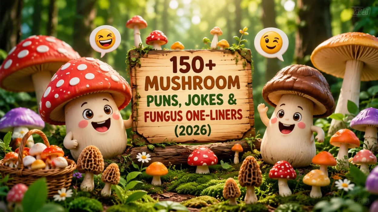 Cute cartoon mushrooms around a wooden sign with funny mushroom puns, jokes, and fungus one-liners in a colorful forest.