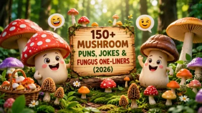 Cute cartoon mushrooms around a wooden sign with funny mushroom puns, jokes, and fungus one-liners in a colorful forest.