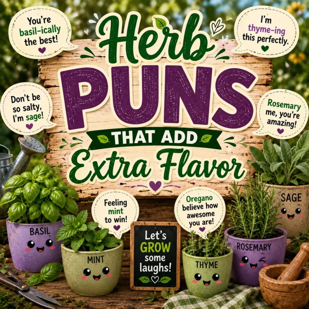 Funny herb puns illustration with basil, mint, rosemary, thyme, sage, and playful gardening wordplay