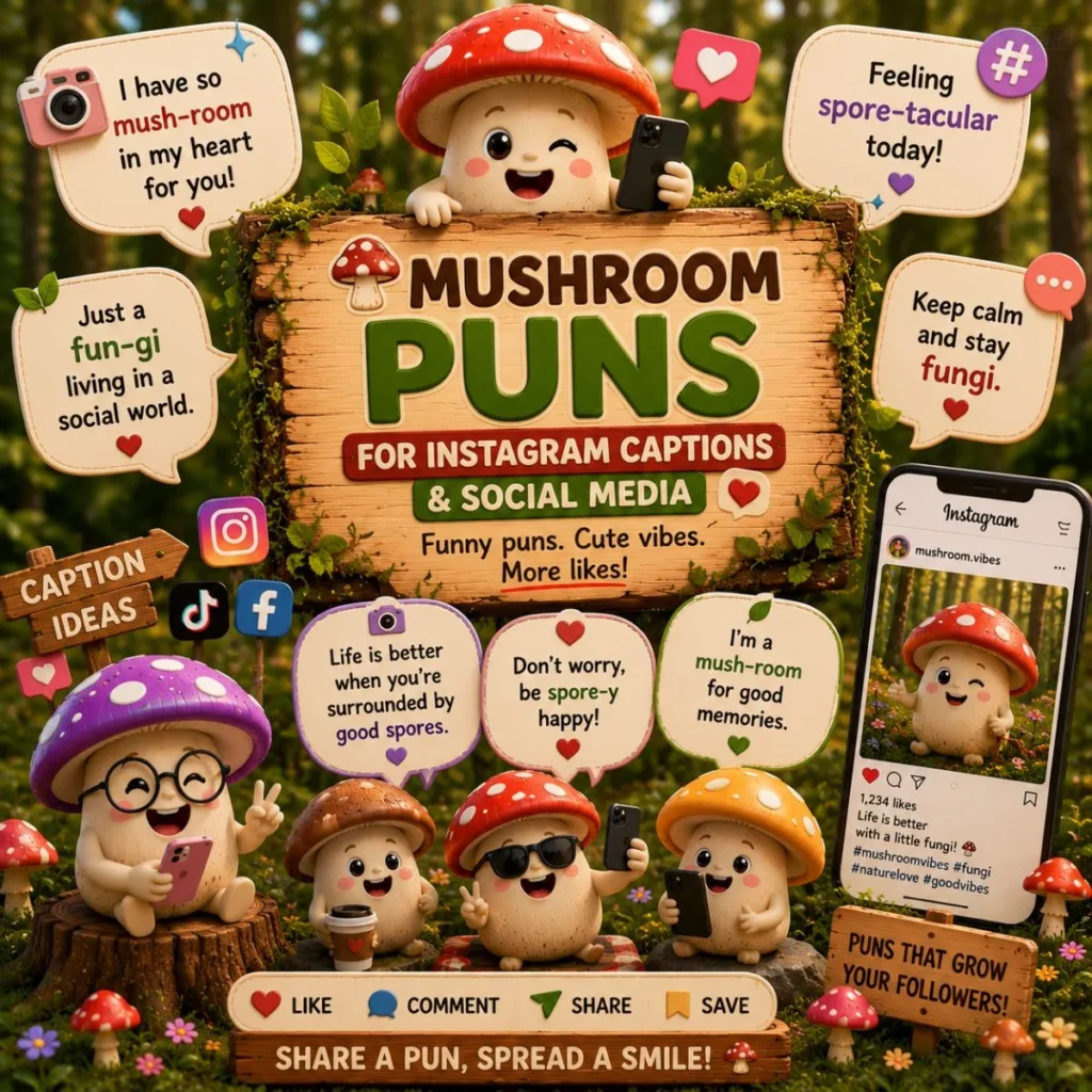 Cute cartoon mushrooms sharing funny mushroom puns for Instagram captions and social media in a colorful forest scene.
