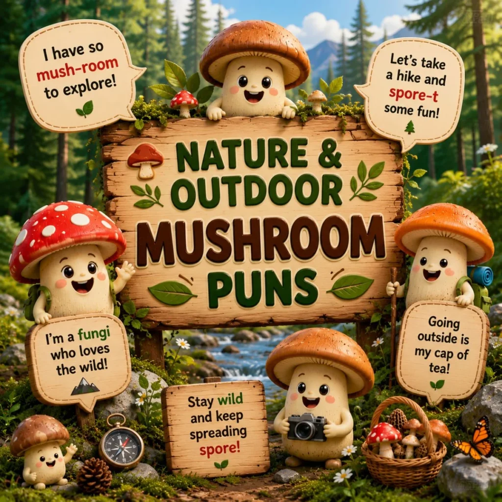 Cute cartoon mushrooms with nature and outdoor mushroom puns in a colorful forest filled with hiking and camping scenery.