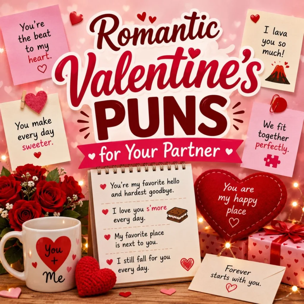 Romantic Valentine's puns for your partner with love notes, roses, heart gifts, and sweet couple-themed illustrations