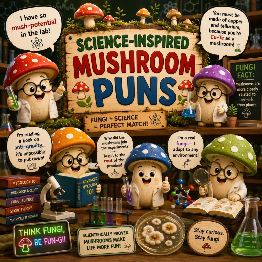 Cute cartoon mushroom scientists sharing science-inspired mushroom puns in a colorful laboratory with fun biology experiments.
