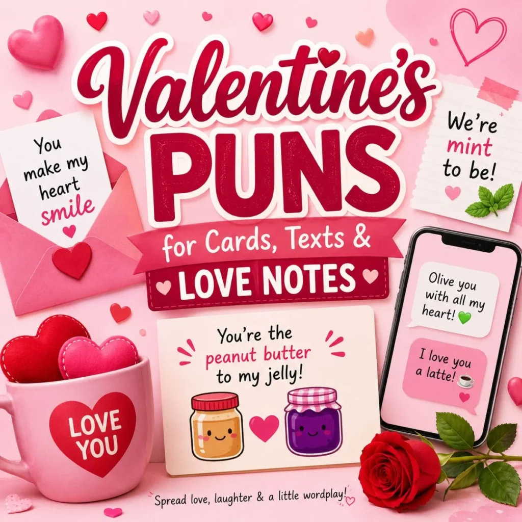 Valentine's puns for cards, texts and love notes with cute hearts, greeting cards, phone messages, and romantic illustrations