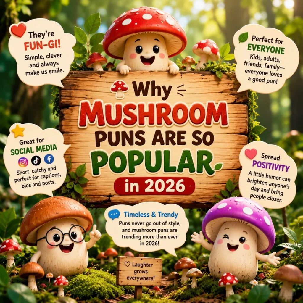 Cute cartoon mushrooms explain why mushroom puns are so popular in 2026 with colorful signs in a cheerful forest.