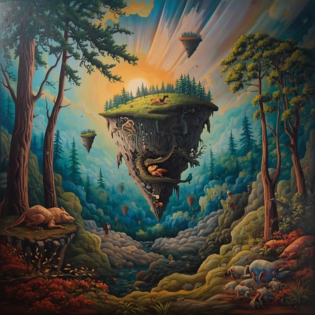 Funny forest scene with confused animals and strange weather in nature’s mysterious outdoors