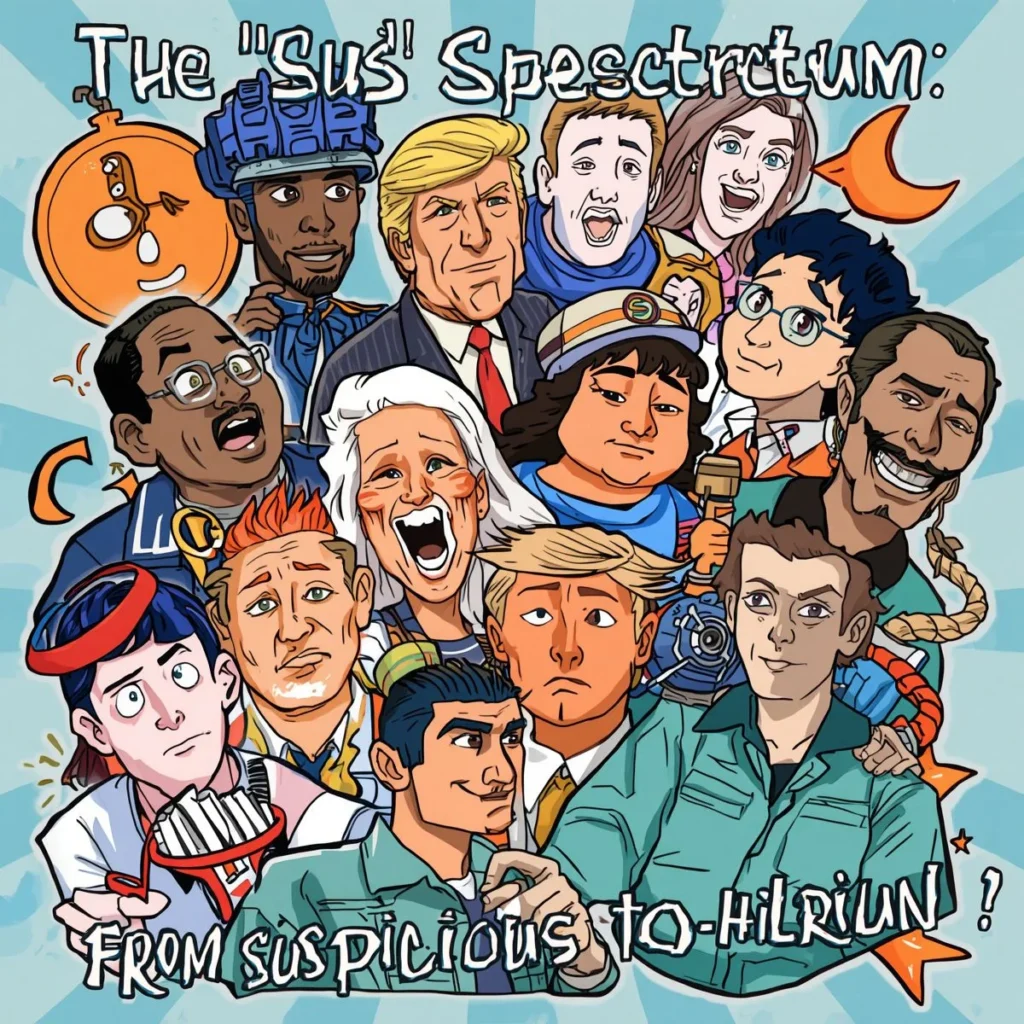 Colorful sus spectrum cartoon showing suspicious to hilarious reactions with funny meme-style expressions