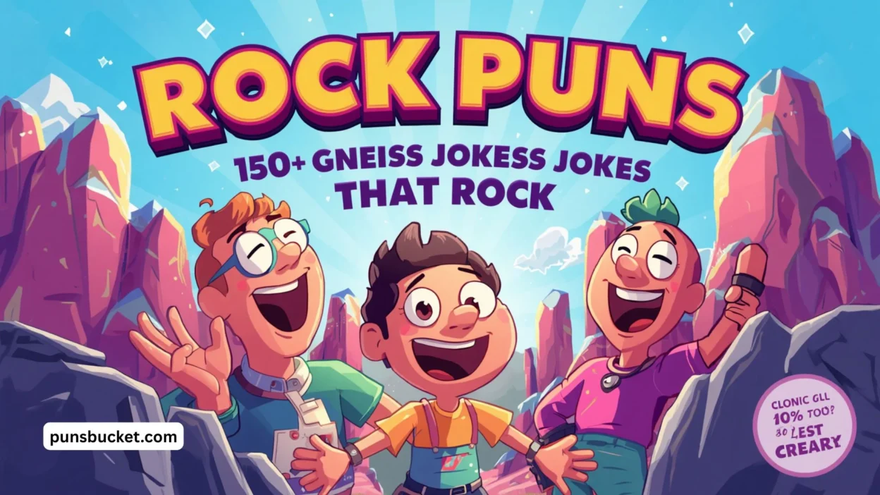 Funny rock puns illustration with colorful stones and geology jokes for a playful 2026 humor collection