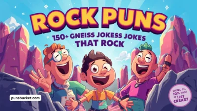 Funny rock puns illustration with colorful stones and geology jokes for a playful 2026 humor collection