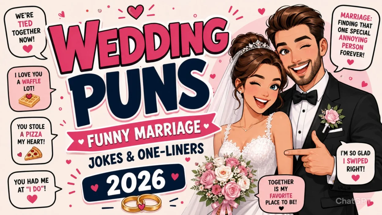 Funny wedding puns illustration with romantic marriage jokes and playful one-liners for couples in 2026