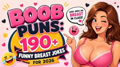 Funny boob puns featured image with playful cartoon woman and bold text for breast jokes collection 2026