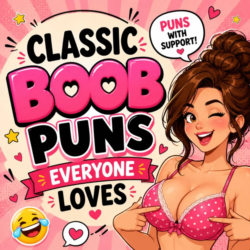Classic boob puns illustration with playful cartoon woman and funny breast wordplay for humor collection