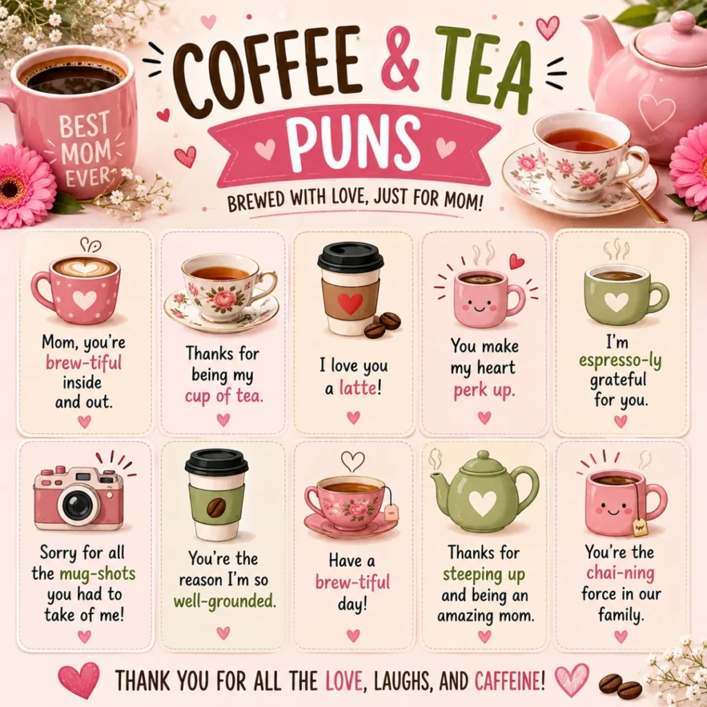 Cute coffee and tea Mother’s Day puns graphic with mugs, teacups, and funny caffeine-themed one-liners