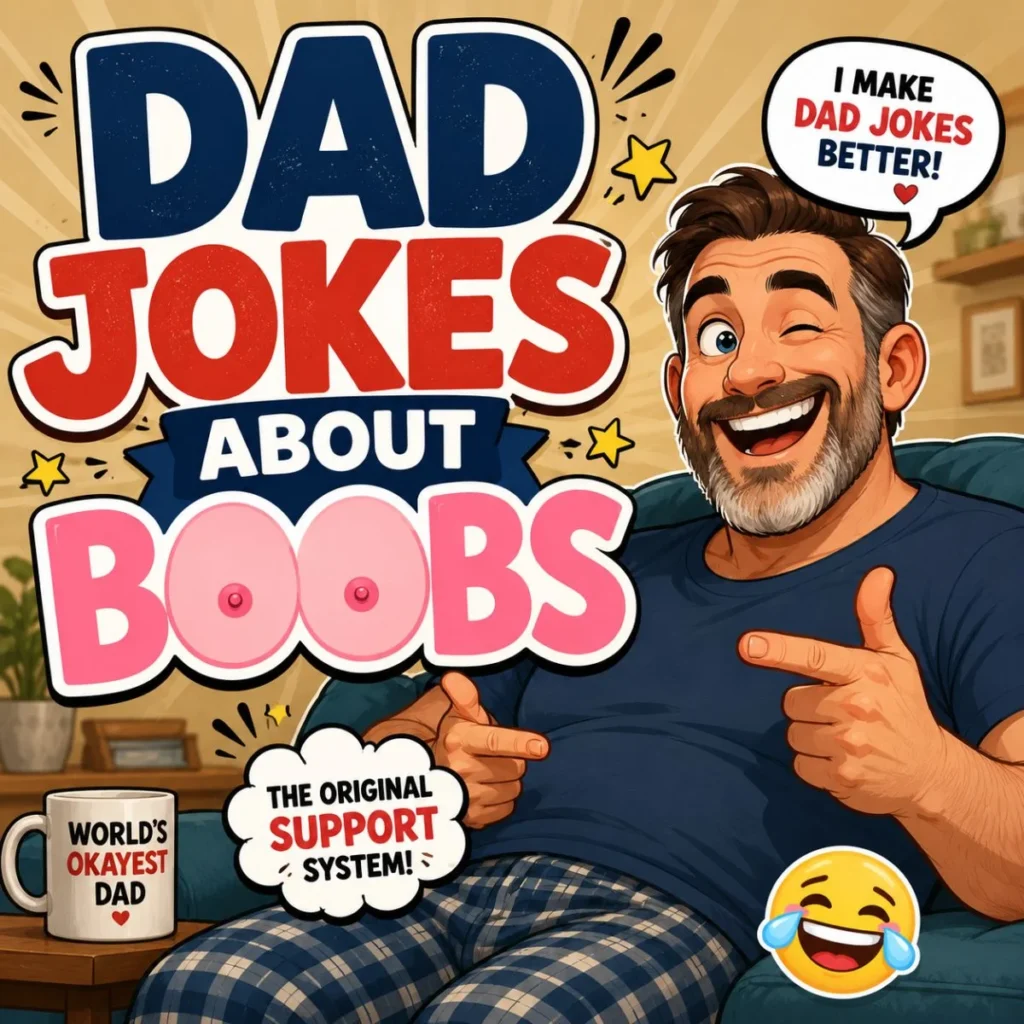 Funny dad jokes about boobs cartoon illustration with smiling dad and playful breast joke typography